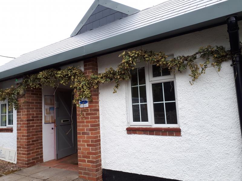 Bickleigh Village Hall Exterior (Hops added for Wedding celebration) 